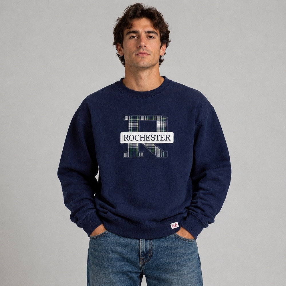 Vintage Crable Sportswear Sweatshirt Men Large Blue Rochester Plaid Applique USA